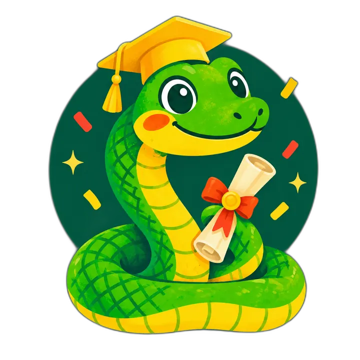 Mascot rắn đội mũ tốt nghiệp cầm bằng