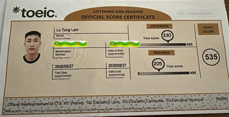 Phiếu điểm TOEIC 535/990 của Lữ Tùng Lâm