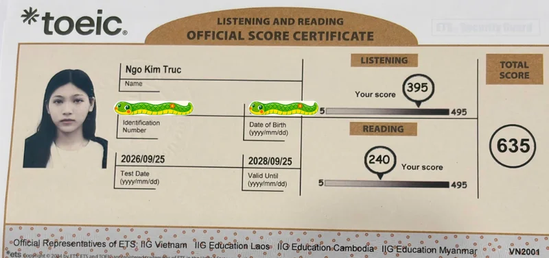Phiếu điểm TOEIC 635/990 của Ngô Kim Trúc