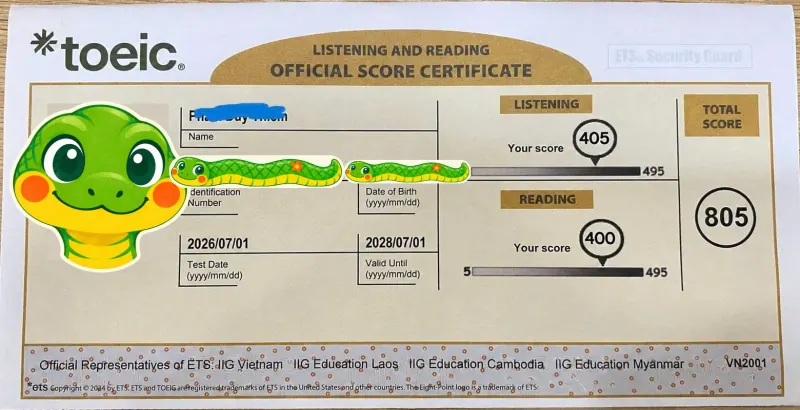 Phiếu điểm TOEIC 805/990 của Học viên Lộ trình 10 Ngày