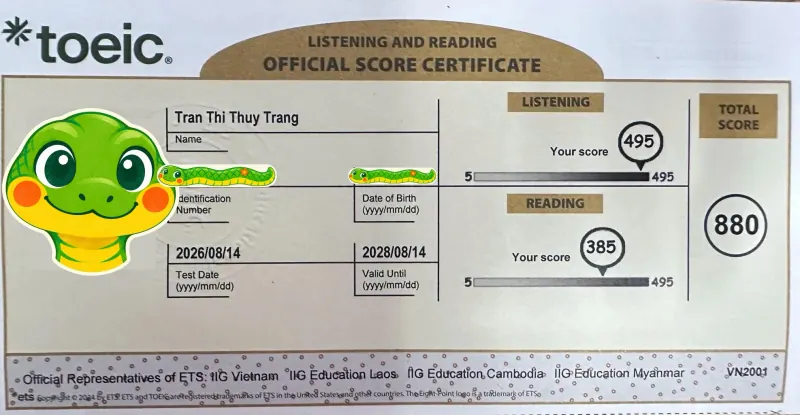 Phiếu điểm TOEIC 880/990 của Trần Thị Thùy Trang