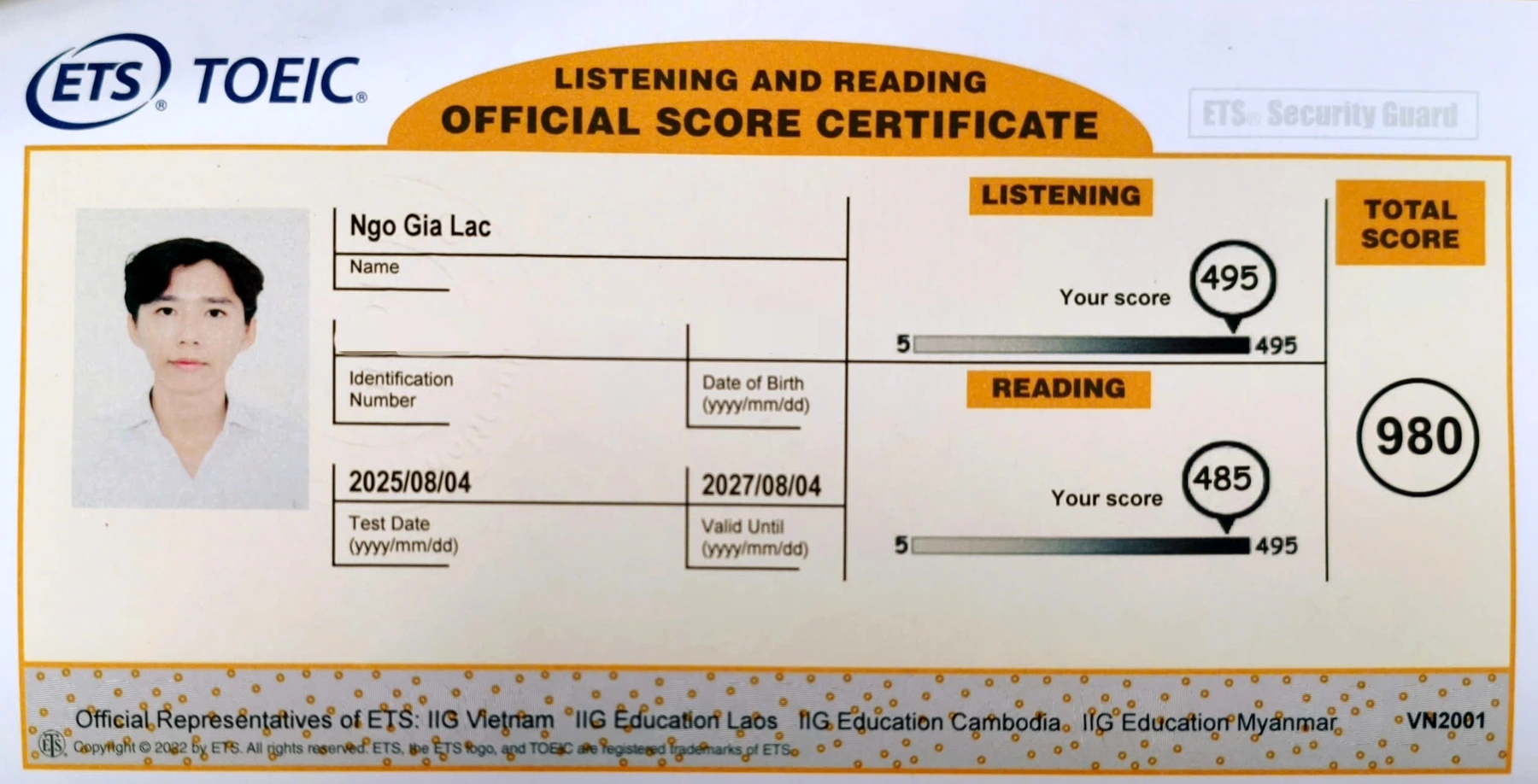 Phiếu điểm TOEIC 980/990 của Ngô Gia Lạc tại IIG Vietnam